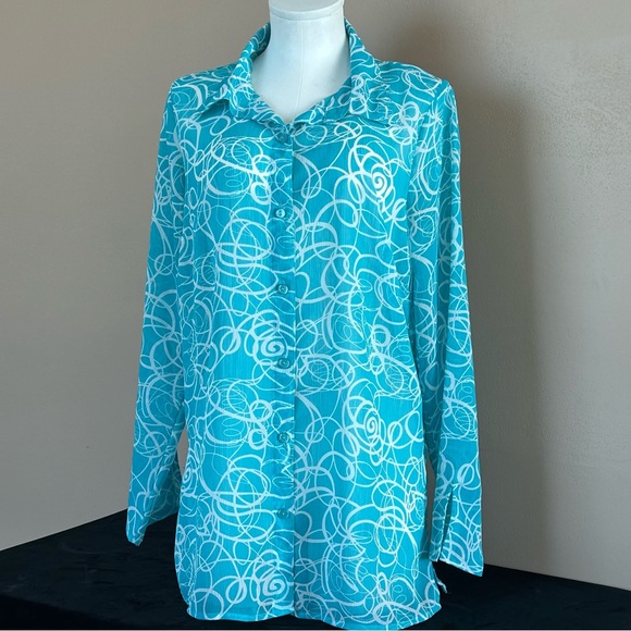 Blue and White Notched Collar Long Sleeve Button Down Shirt - Picture 10 of 10